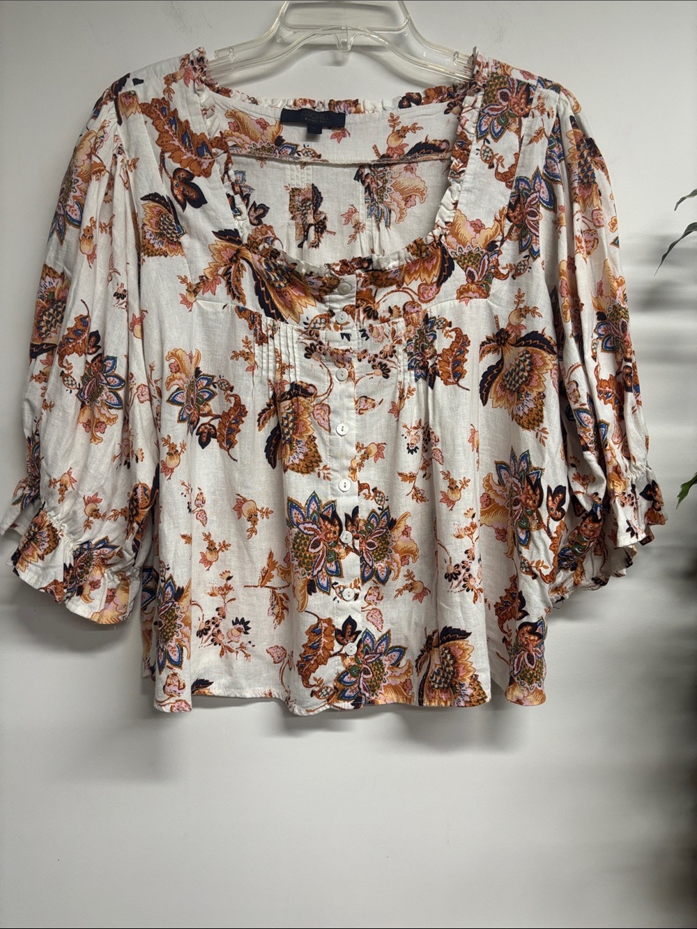RACHEL Rachel Roy White Floral Peasant Blouse with Rust & Navy Accents